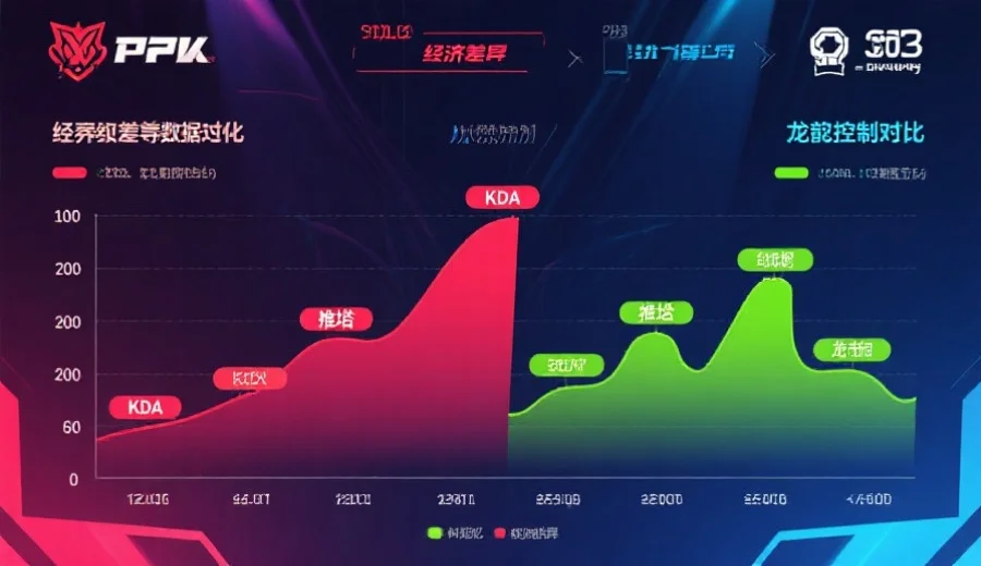 电竞比赛数据图表,显示经济差曲线、KDA、推塔与龙控制对比,背景为沉浸式战队色彩